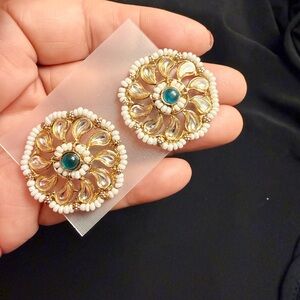 Pakistani Kundan hoops, statement piece with teal green n white beads